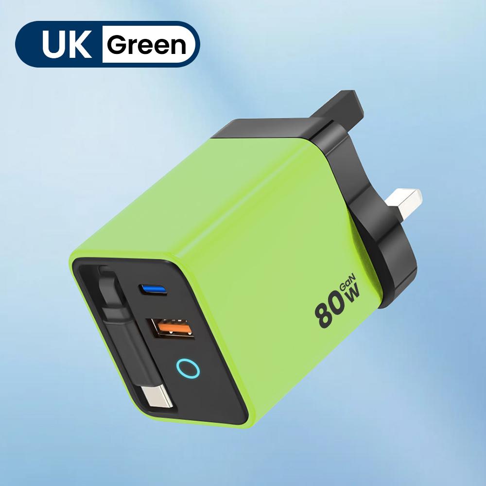 80W USB Type C super fast charger with LED indicator, equipped with a retractable cable, supports PD fast charging, suitable fo