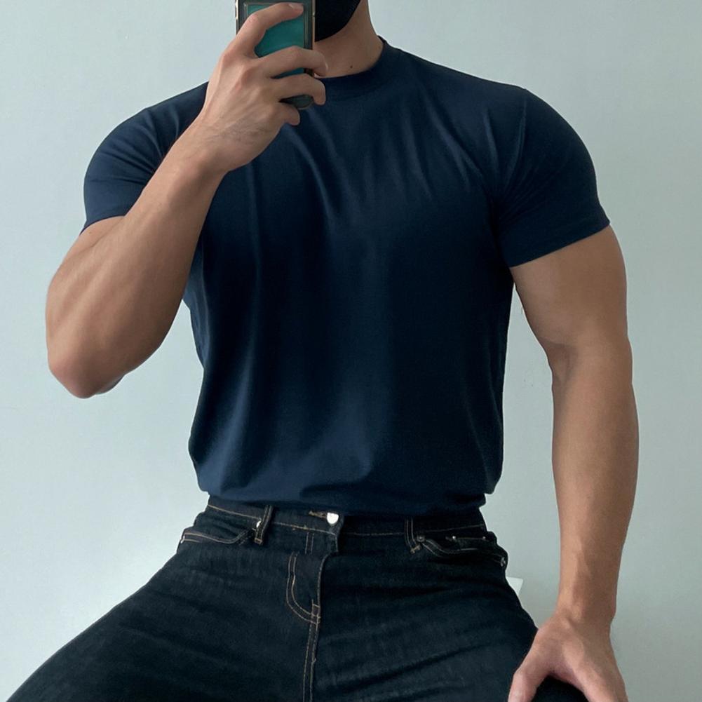 Summer Men Top Sweat Absorption Quick-drying Short Sleeves O Neck Slim Fit Solid Color Thin Breathable Elastic Casual Pullover D