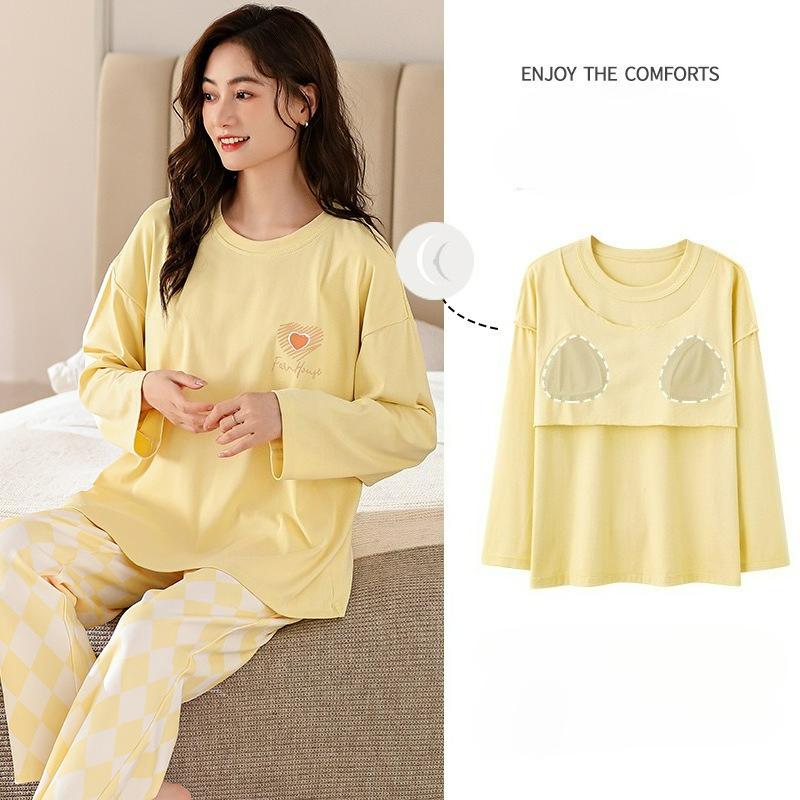 Pajamas with Chest Pads, Women's Spring and Autumn Long-sleeved Cotton Round Neck, Loose, Comfortable and Casual, Can Be Worn Outside Home Service