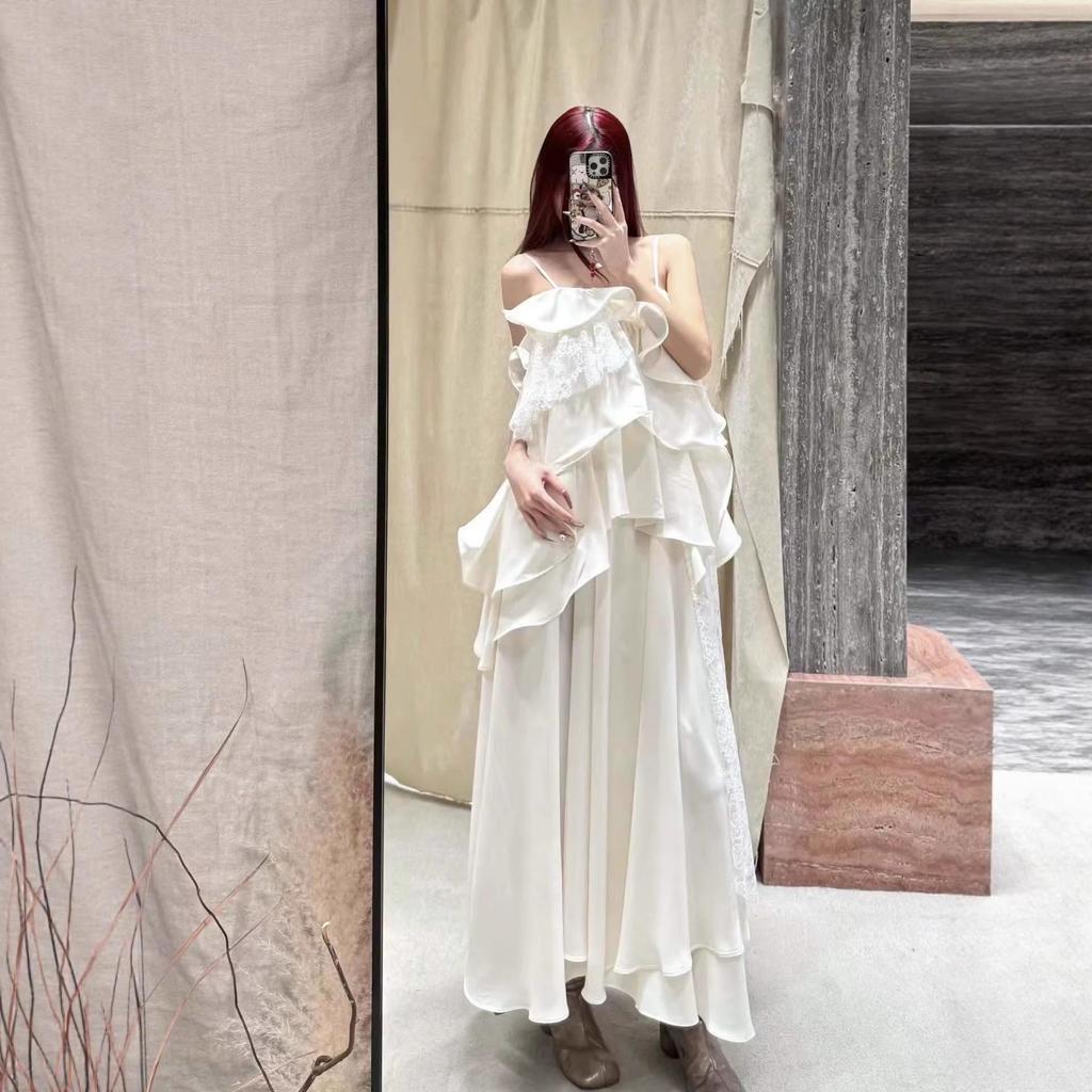 White Irregular Lace Ruffle Camisole Dress