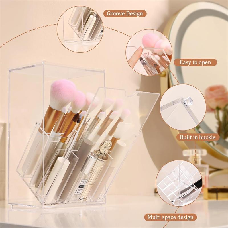 Acrylic Makeup Brush Holder with Slanted Flip-Top Lid Clear Dustproof 17-Slots Cosmetic Makeup Brushes Organizer Storage Box
