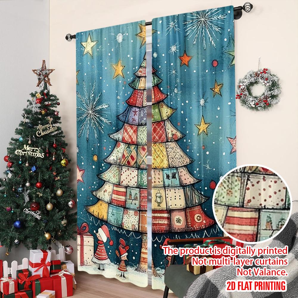 2pcs 2D Flat Printing Merry Christmas Curtain Christmas Tree6 Durable 100% Polyester Fabric Without Electricity Festive Wall