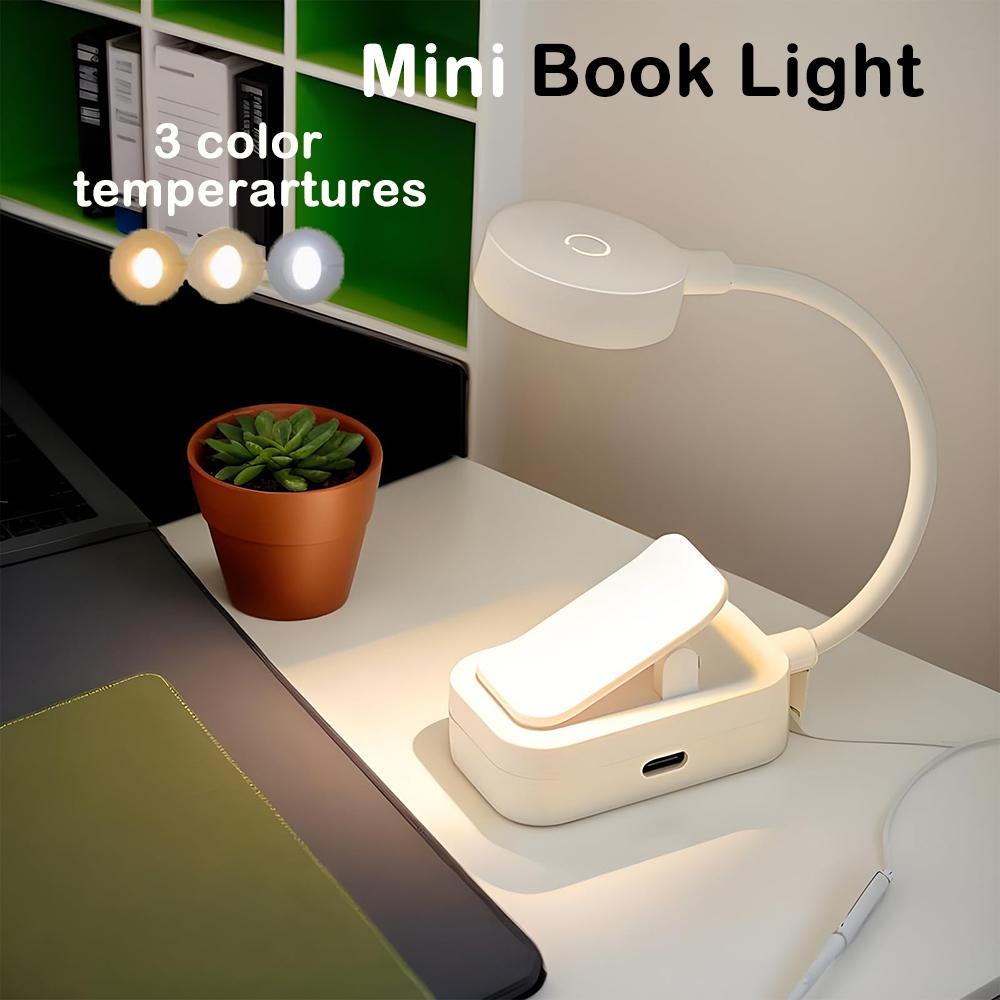 Tragbare LED Clip Buchlampe Mini Tischlampe 3 Farben 360° Klappbar Typ-C Wiederaufladbar Augenschonendes Nachtlicht Studentenzimmer Lesen
