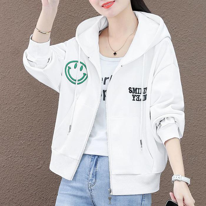 Pure Cotton Embroidered Jacket: Women's Lightweight 2025 Spring/Autumn Korean Loose Hooded Cardigan Sweatshirt