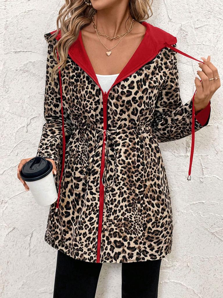 European and American Women's Clothing Two-sided Clothing Leopard Print Hooded Zipper Jacket Casual Long Jacket Belt Long Sleeve