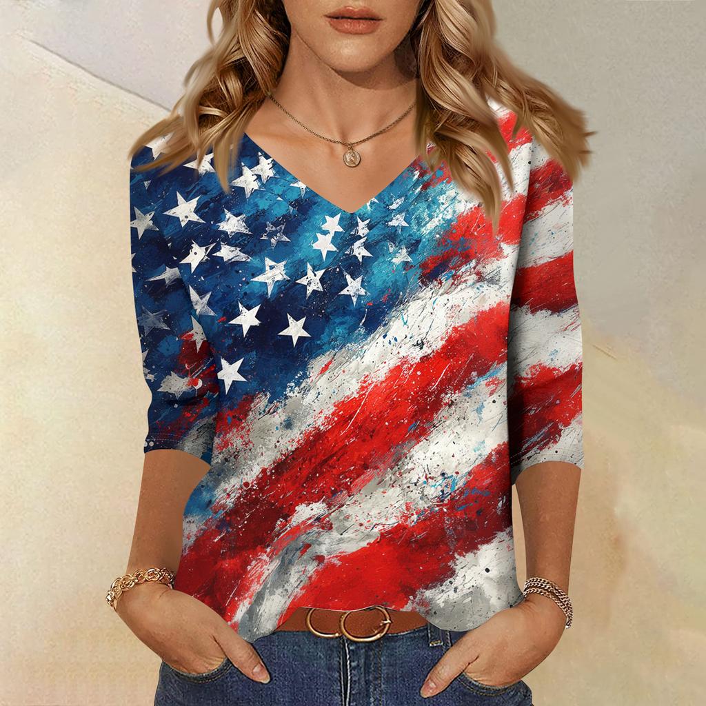 Womens V Neck 34 Sleeve Loose Fit Casual Blouse Flag Print Top Seven Quarter Sleeve Shirt for Daily Wear