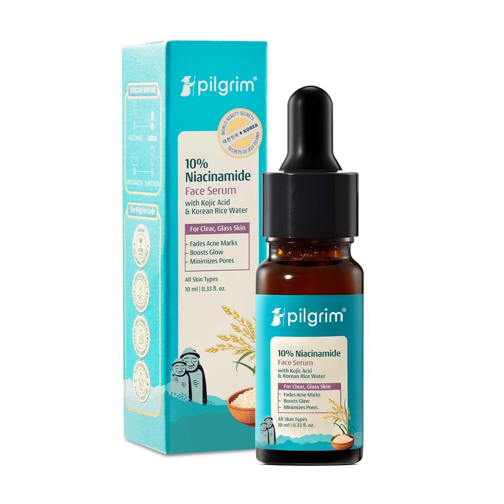 Pilgrim Ορός Προσώπου με 10% Νιασιναμίδη για Σημάδια Ακμής με Κορεατικό Νερό Ρυζιού - 10 ml | Ξεθωριάζει Σκούρες Κηλίδες, Ελέγχει την Λιπαρότητα, Ελαχιστοποιεί τους Πόρους, Ενισχύει το Δέρμα