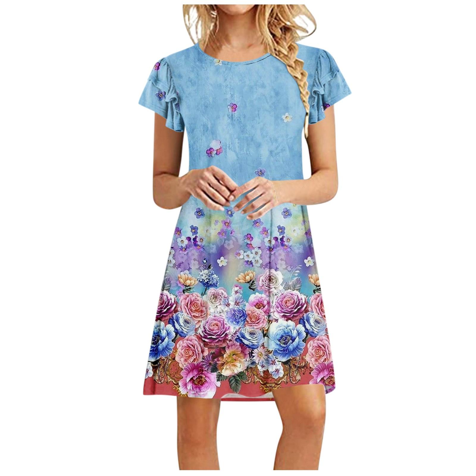 

Женское летнее винтажное свободное платье с баской и короткими рукавами с круглым вырезом и принтом XXXL