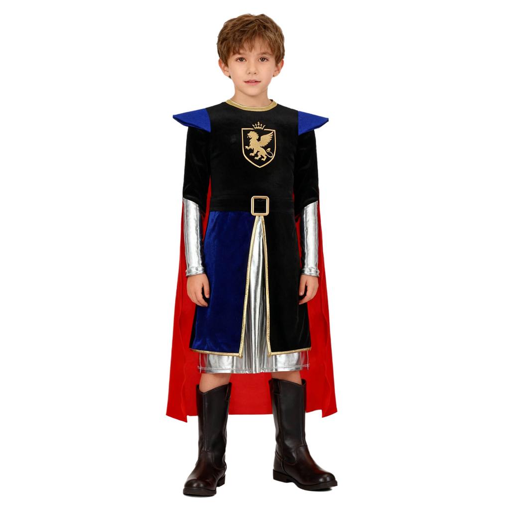 Jungen Ritterkostüm Metallischer Glanz Patchwork-Oberteil Hinten Unsichtbarer Reißverschluss Langarm Abnehmbarer Umhang Cosplay Outfit