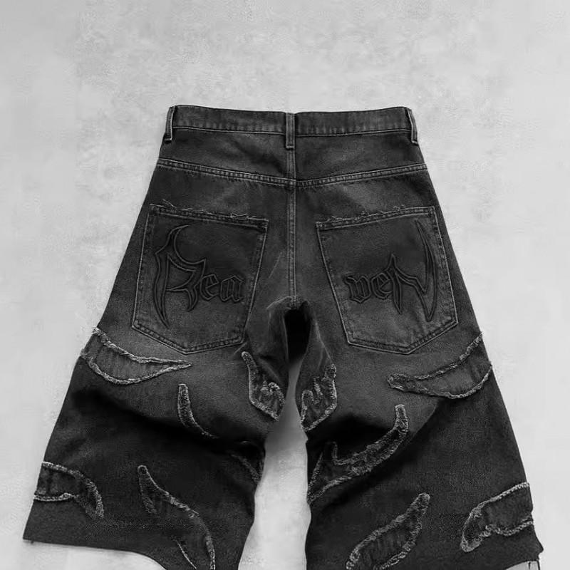 Mens Vintage Streetwear Straight Fit Denim Jeans With Embroidery Gradient Wash Mid-Rise Casual Slim Trousers