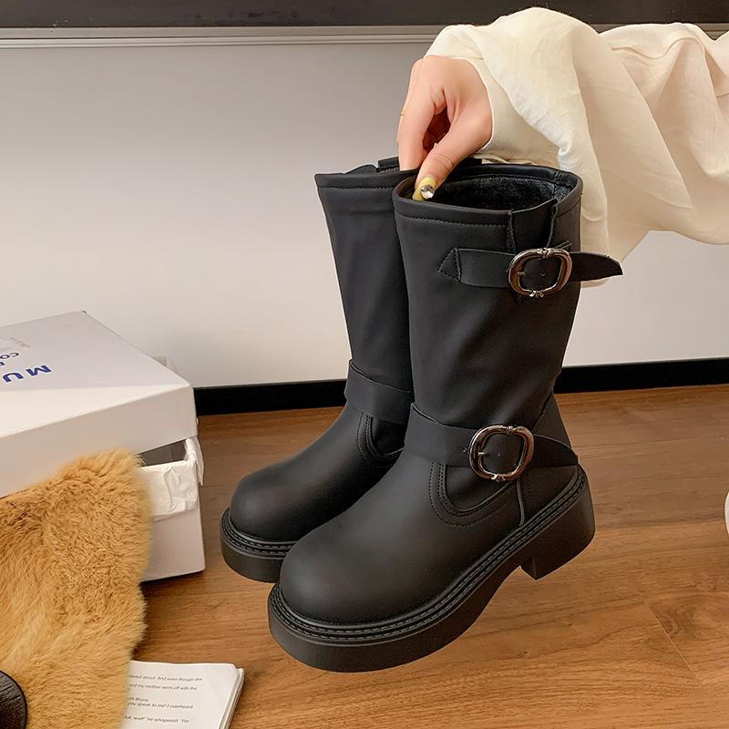 

Мода 2025 Новые ботильоны, Женские вестерны с внутренней платформой, Ретро толстый каблук, Круглый носок, Ботинки-чулки, Женская обувь 35 чёрный