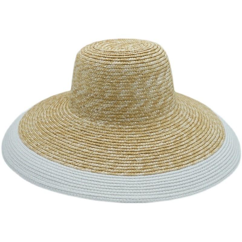French Retro Straw Splicing White Big Brim Sunshade Sun Protection Beach Straw Hat Women'S Vacation Travel Top Hat Summer