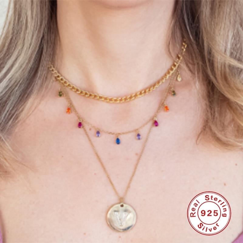 Sterling Necklaces Color Diamond Rainbow Pendant Pendant Necklace Female Choker Necklaces For Women Fine Jewelry Collar PlataTrendy Necklaces