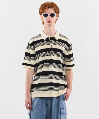 BLACK MOMENT Marine Stripe Oversized Collared Short Sleeve Knit [Black]