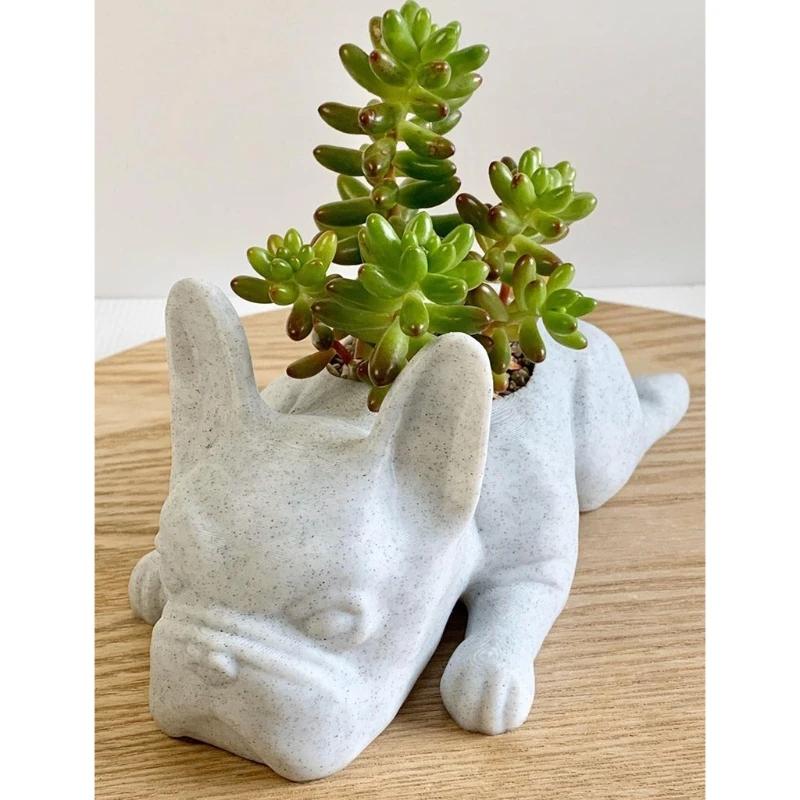 Cute Bulldog Puppy Animal Statue Creative Mini Resin Dog Succulent Planter Small Flower Pot Air Plant Bonsai Potting Container