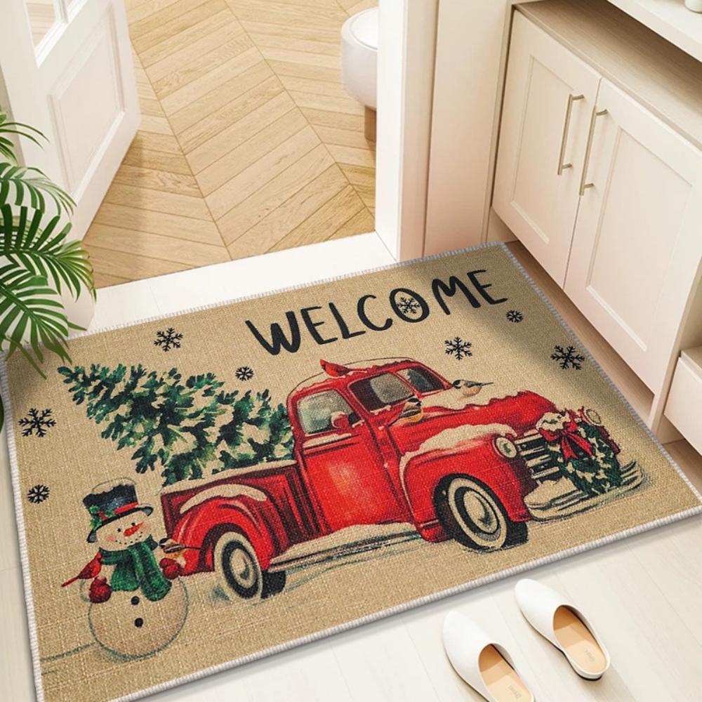 Christmas Gnome Snowman Tree Pattern Doormat Pink and Blue Color Scheme Non Slip Entrance Rug for Living Room Bedroom Decor