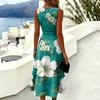 Women Sleeveless Crew Neck Casual Dress with Floral Print A Line Silhouette and Pleated Waist for Everyday Wear