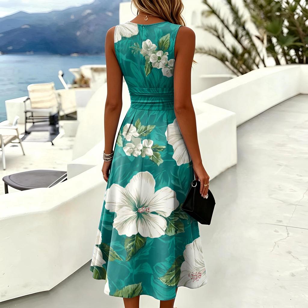 Women Sleeveless Crew Neck Casual Dress with Floral Print A Line Silhouette and Pleated Waist for Everyday Wear