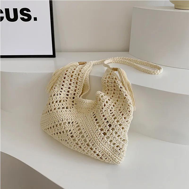 

Women Summer Fashi Handbags Ladies Leisure Crochet Hollowed Beach Vacati Bags Female Artistic Style Grass Woven Shoulder Bag 34x2x32cm бежевый