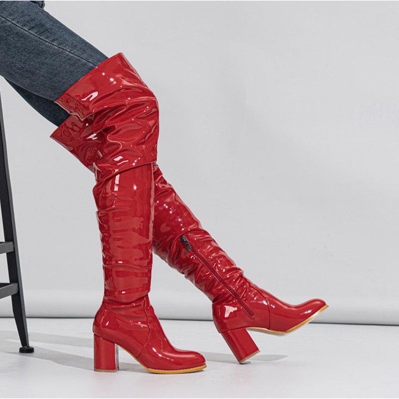Fashion New Women's Long Boots Patent Leather Over The Knee Boots Sexy Womens Pumps Fashion Thick Heels Women Shoes Zlp Zapatos De Mujer