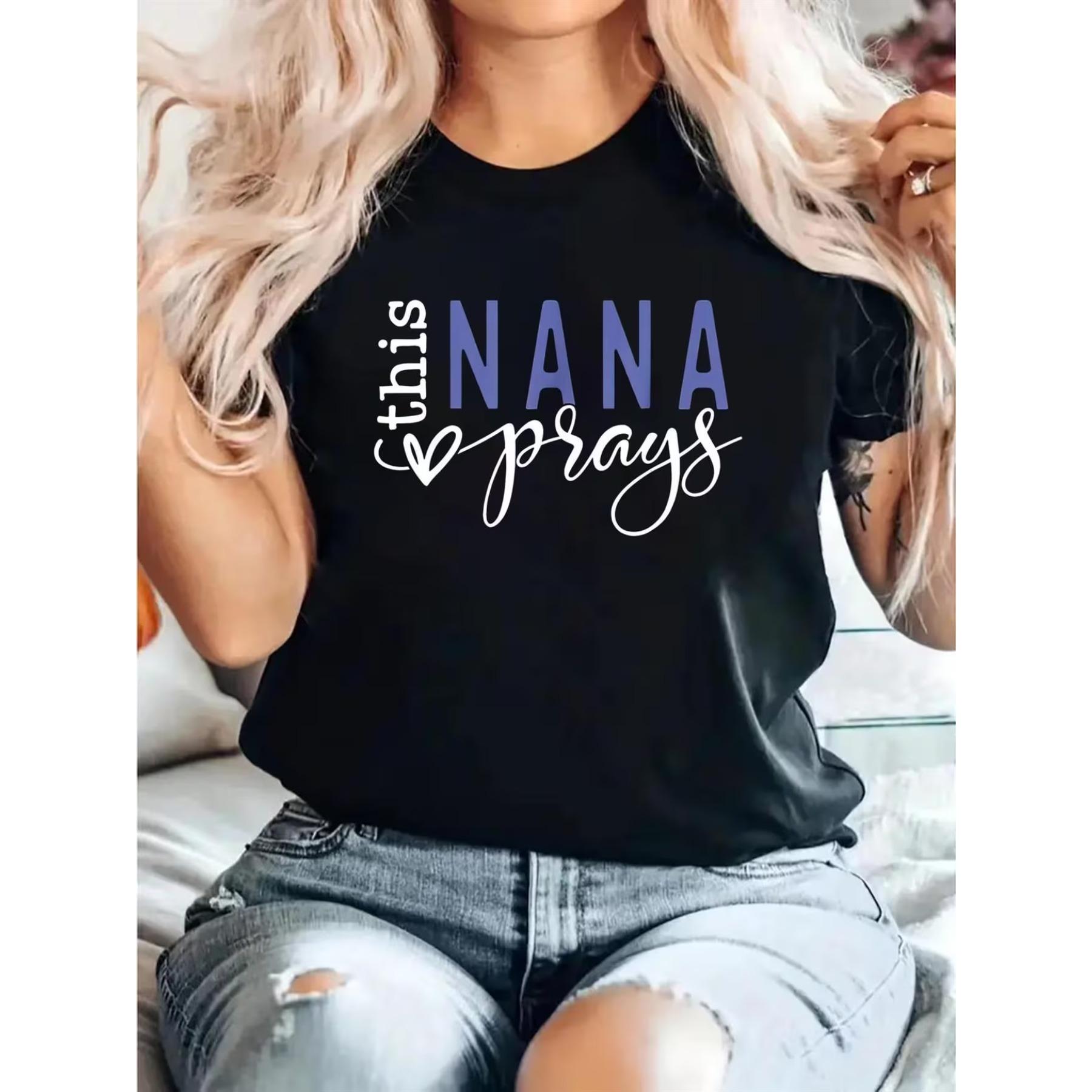 

This Nana Prays Graphic Tee - Womens Casual Round Neck T-Shirt, Breathable, Short Sleeve, Black with Blue Lettering XXL чорний