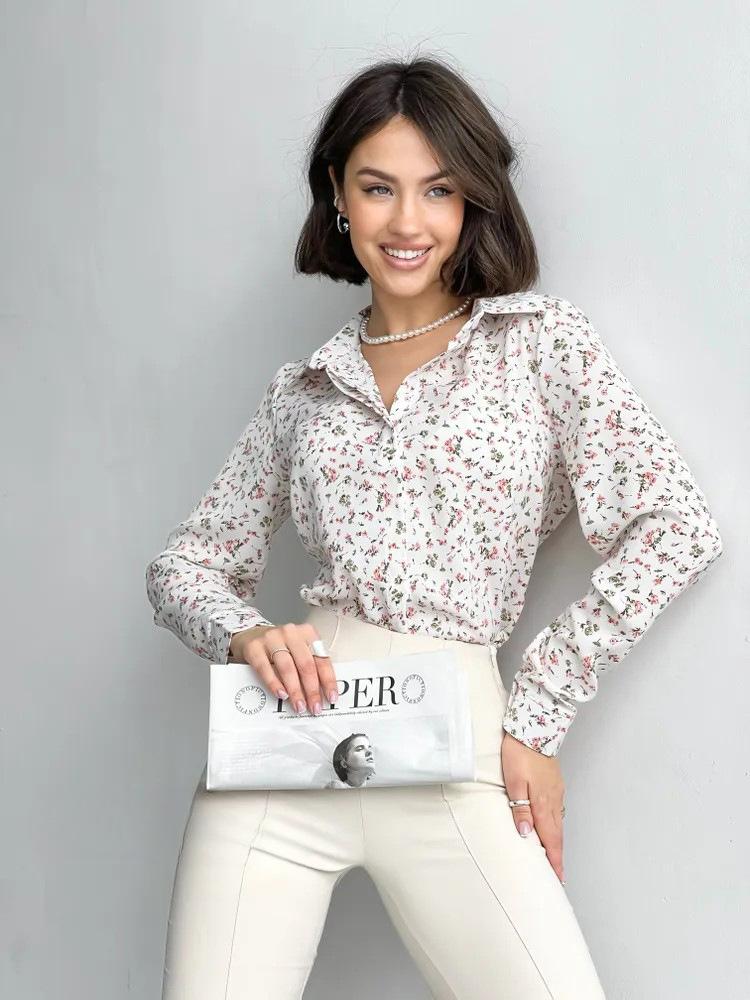 

Spring And Summer Long Sleeved Shirt V-neck Versatile Printed Women s Top L