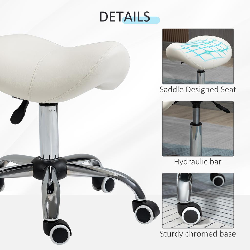 Cosmetic Stool 360 degrees Rotate Height Adjustable Salon Massage Spa Chair Hydraulic Rolling Faux Leather Saddle Stool, Cream