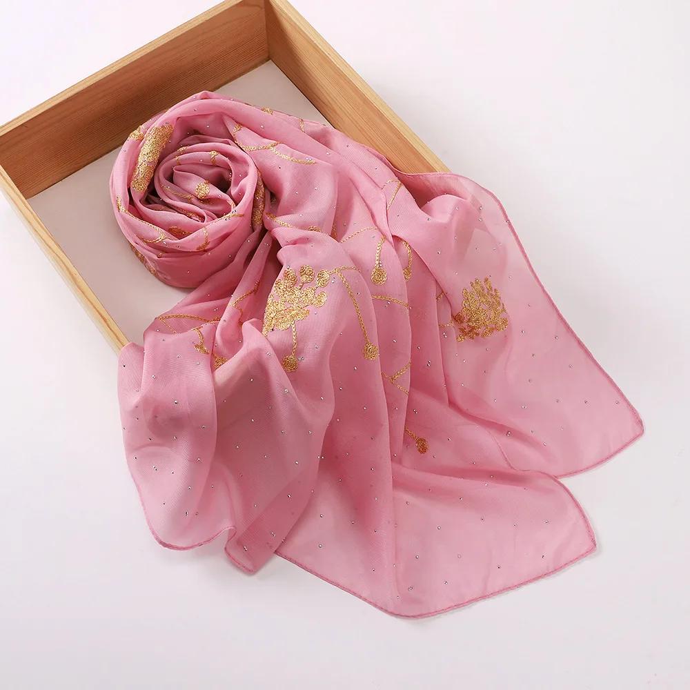 Embroidered Diamond Chiffon Scarf Hijabs For Woman Turban Shawls Scarves Head Scarf Headwraps For Women Turban Femme Bandana
