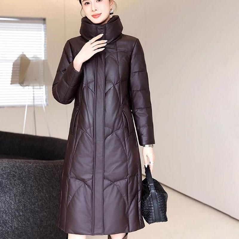 Winter Women's Genuine Leather Jacket Over-the-Knee Long Sheepskin Padded Coat Thickened Windproof Warm Camel Wool Coat