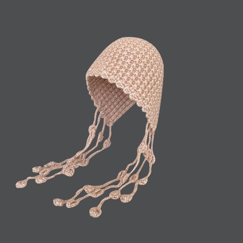 Chic Handwoven Fringe Ball Wool Hat Women s Winter Warm Ear Protection Knit Hat розовый