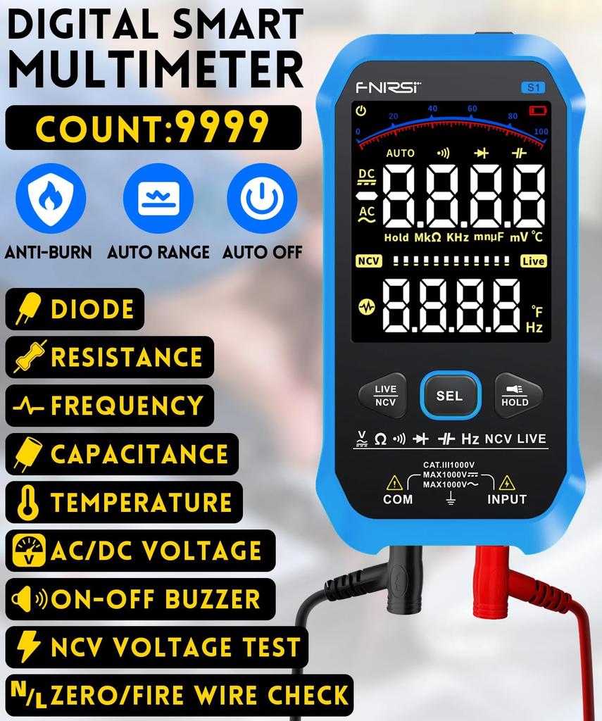Fnirsi Smart Multimeter Fnirsi S1 Smart Digital Multimeter 9999counts AC DC Voltage Resistance Capacitance Diode NCV Hz Live Wire Color Display Tester