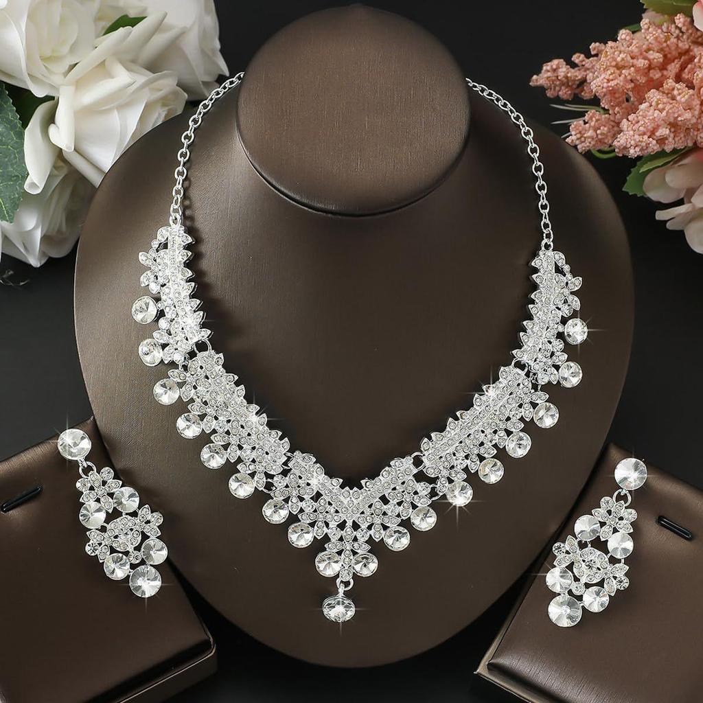 Latest Stylish Design Fancy Wedding Party Crystal Diamonds Necklace Jewellery Set for Women