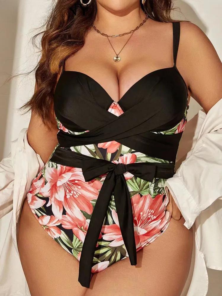 2025 Sexy Patchwork Strapped Plus Size Swimwear Women Push Up Large One Piece Swimsuit Backless Beach Big Bathing Suit