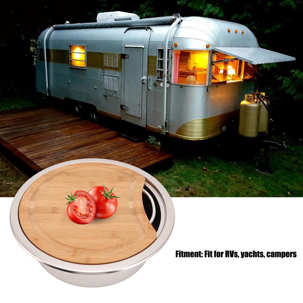360x120mm/14.17x4.72in RV 304 Stainless Steel Sink Round Hand Wash Basin Sink with Bamboo Chopping Block for Boat Boat Sink