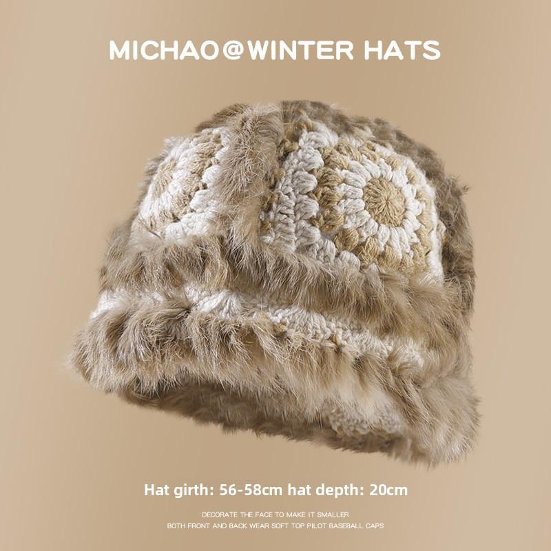 

Rabbit Fur Lion Hat Female Autumn and Winter Cute Warm Plush Bucket Hat Versatile Face Small Bucket Fluffy Basin Hat 56-60cm
