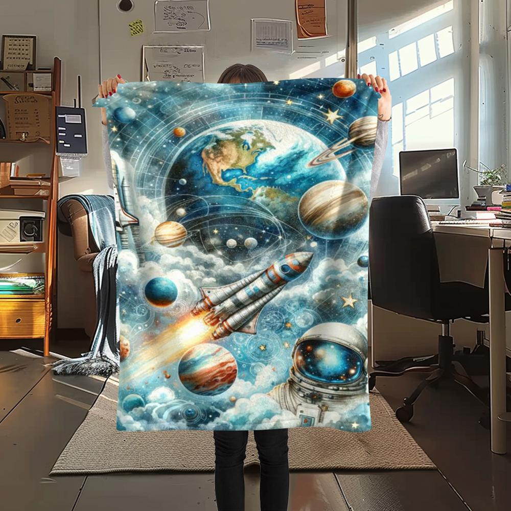 1Pc Space Rocket Print Flannel Blanket, High quality Comfortable for All Seasons, Home Decor, Warmth and Comfort, Perfect for Christmas Gifts