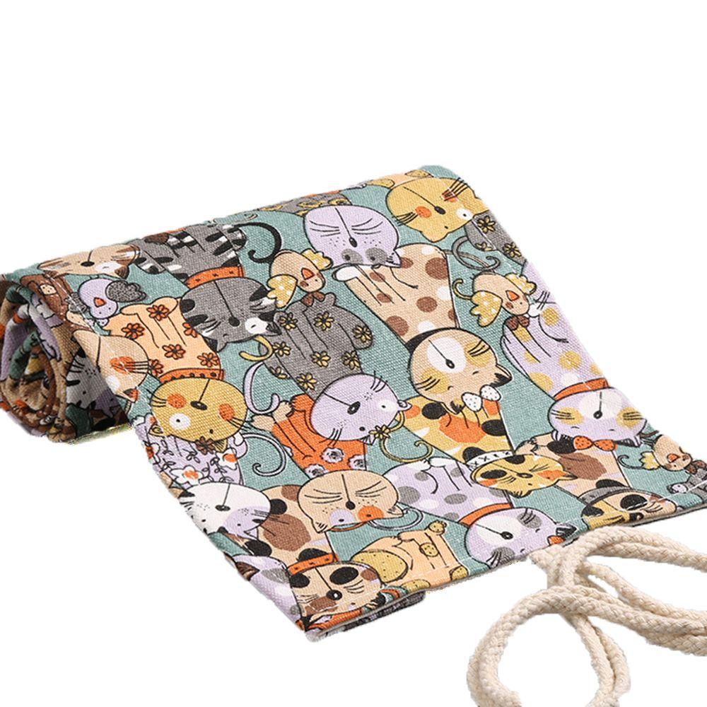 Boys Girls Large Capacity Roll Cute Cat Canvas Pencil Case Stationery Pouch Pen Bag Pencil Bags