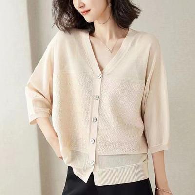 Spring and Summer Ice Silk Sunscreen Air Conditioner Shirt Thin Blouse Large Size Fat Mm Seven-quarter Sleeve Outer Knitted Cardigan Women's Coat