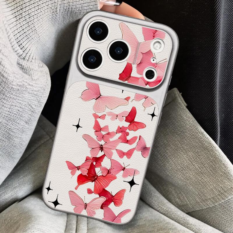 Pink Butterfly Leather Lanyard Case For iPhone 18 Pro Max 17 16 15 14 13 Pro Max Luxury Hybrid TPU+PU Anti-skid Soft Phone Cover