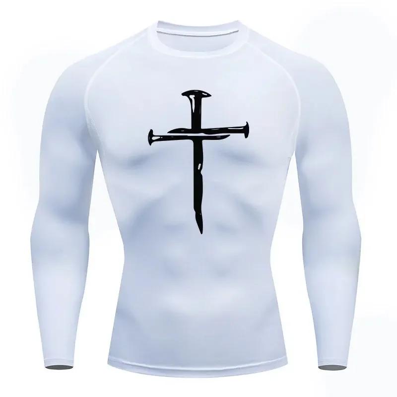Men's Quick Dry Cross Print Sportswear Running Compression Tee Shirt Athletic Muscle Tshirt Fitness Gym Undershirt Sport Top