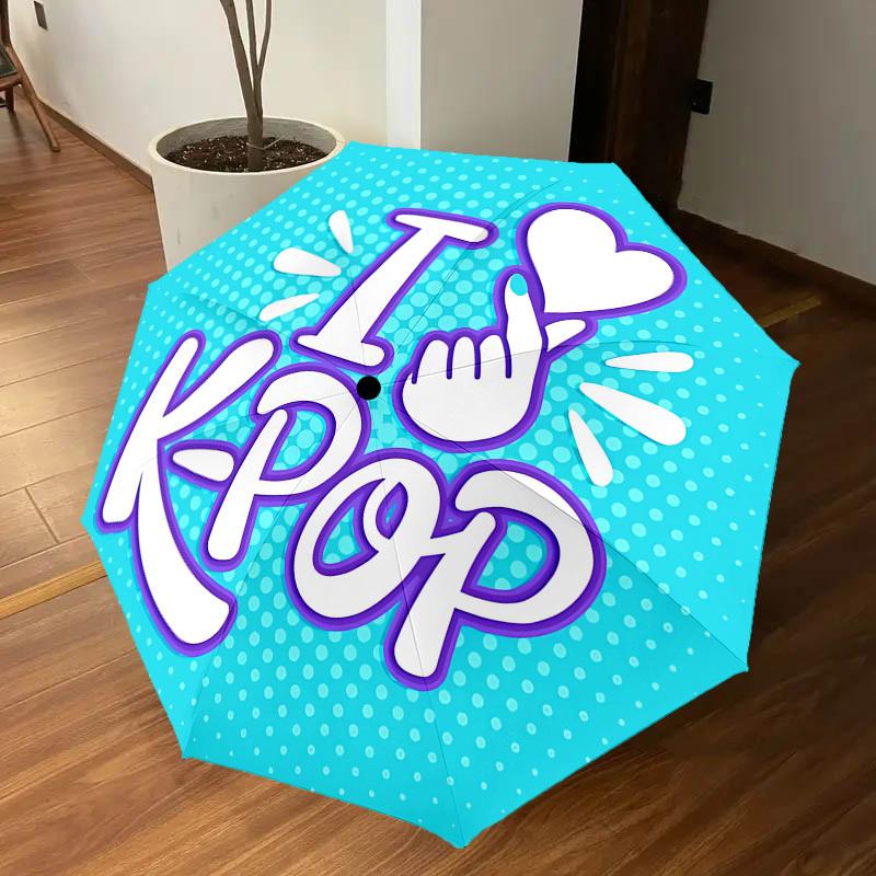 1PC I Love KPOP Automatic Open/Close Umbrella with Windproof, 8-Rib Sturdy Canopy, Durable Ribs, Fashionable Design, Outdoor Accessory, Fun Prin, Holi