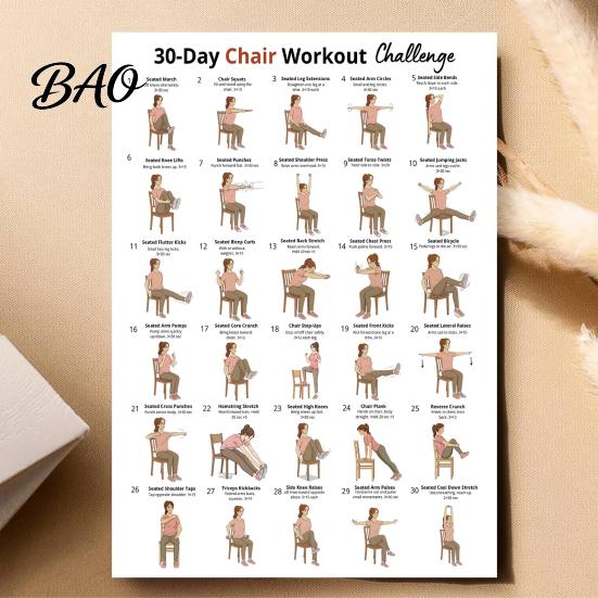 Easy Home Workouts For Elderly 2Pcs Chair Yoga Poster Set, 30 Day Seated Exercise Chart for Safe Senior Fitness Program Seniors, Gentle Stretching