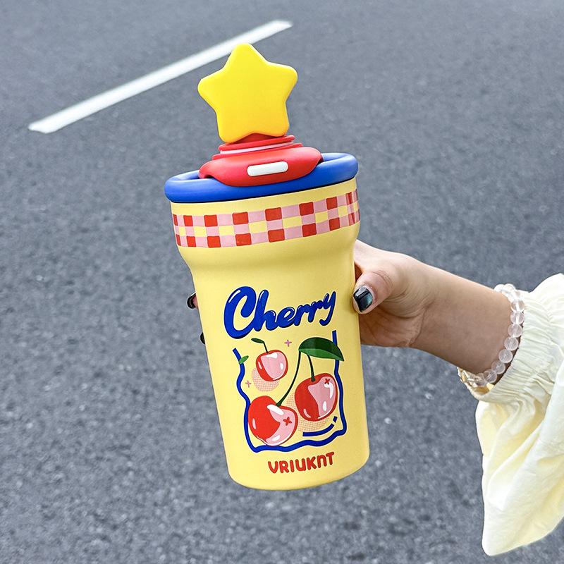 

Cute thermos cup for girls, high value and large capacity straw cup, Bingba cup, birthday gift, water cup ceramic liner. Single cup