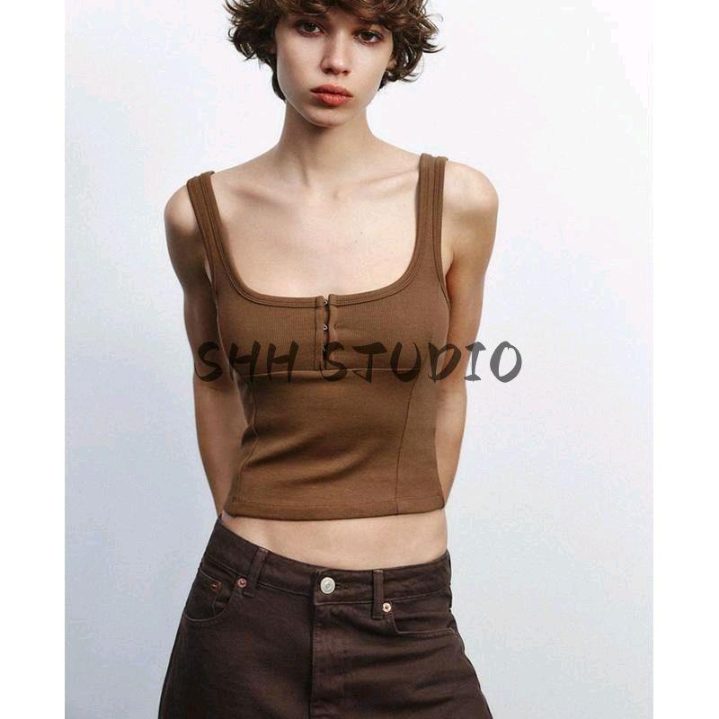 Spring New Women's Clothing Press Ornament Shoulder Strap Minimalist Easiest for Match round Neck Spaghetti-Strap Camisole Top 4424312