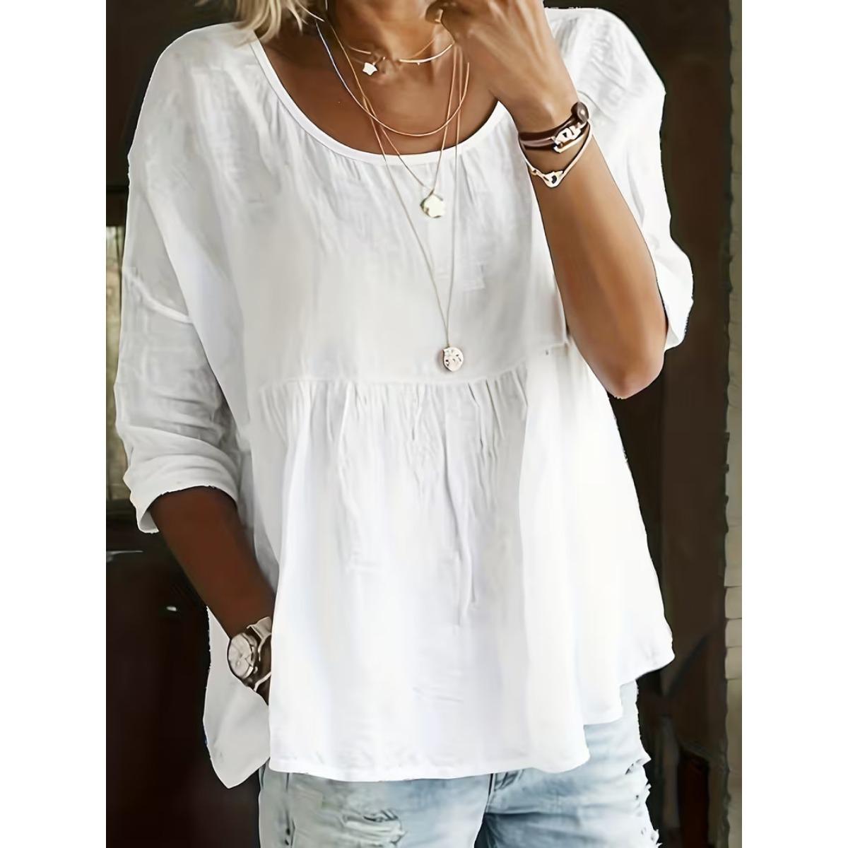 

Spring Summer Women s Casual T-shirt, European American Style Crinkled Crew Neck Half Sleeve Ladies Top for Crossborder XXL білий