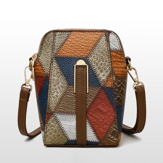 Crossbody Shoulder Bag Vintage Geometric Ladies Phone Bag Patchwork Colorblock Purses Double Layers Detachable Shoulder Strap Lady Purse Commute