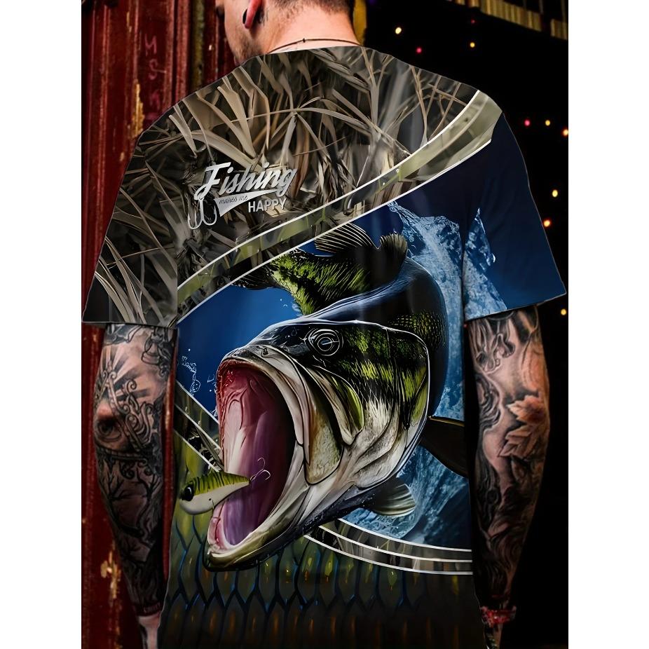 Mens Vibrant Fish Print Casual T-Shirt - Breathable Slight Stretch Polyester Crew Neck Tee for Outdoor Perfect for Summer
