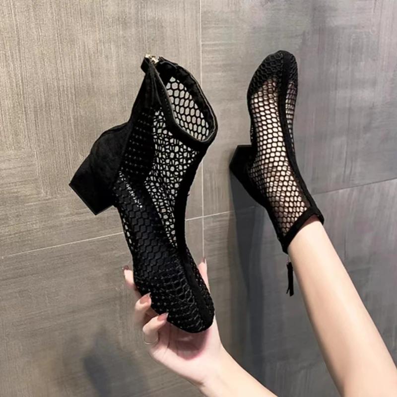 2025 Large Size New Fashionable Sports Sexy Mesh Hollow Boots Solid Color Square Thick Heel Summer Casual Sandals