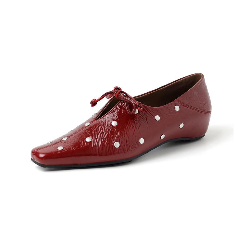 Niche Design French Rivet Lace Square Head Single Shoes 2025 Spring Height Increase Low Heel Inside and Outside Full Leather Ballet