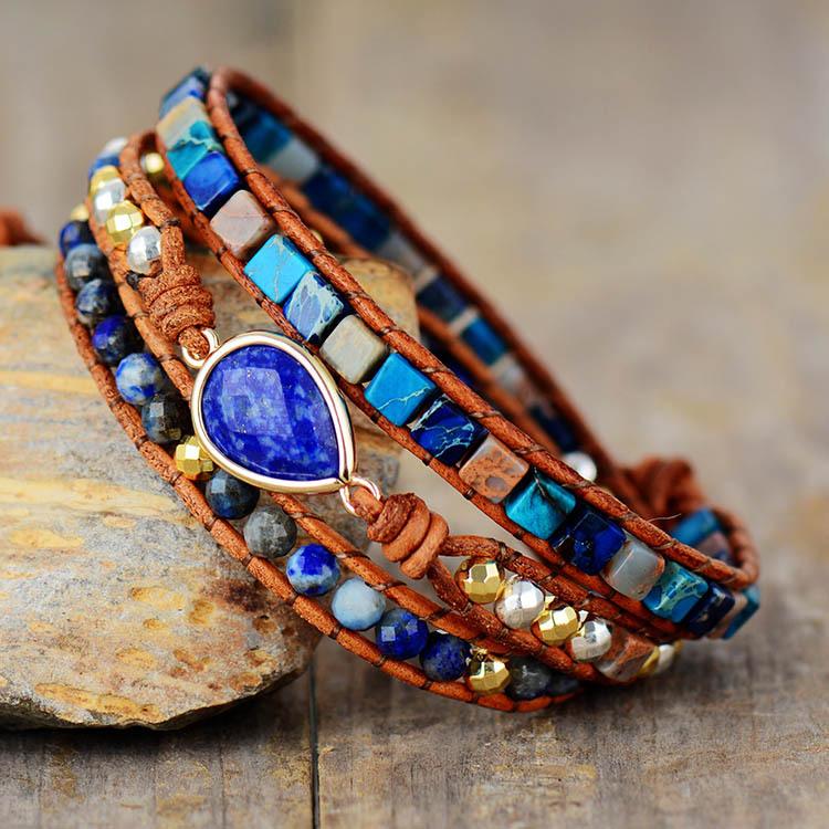 Trendy and Popular In Europe and America: Lapis Lazuli and Imperial Stone Multi-layered Braided Bracelet with Leather Cord, Wholesale Jewelry.